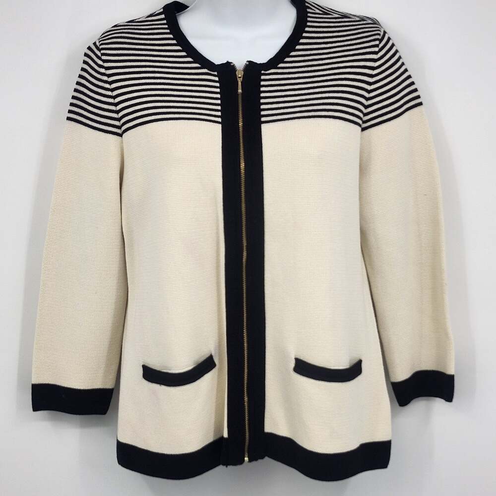 Talbots Petites MP Cardigan Sweater Ivory Black Striped Zip Front Pockets Cotton